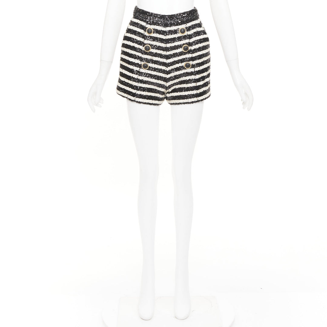 BALMAIN 2024 stripe sequin gold lion button high waist hot shorts FR34 XS
