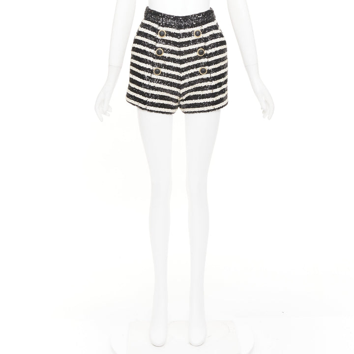 BALMAIN 2024 stripe sequin gold lion button high waist hot shorts FR34 XS