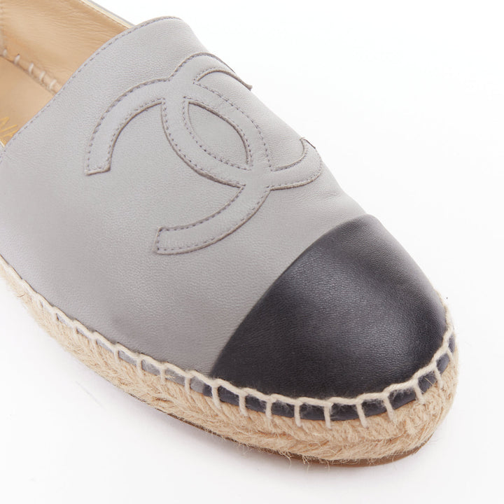 CHANEL bicolor grey lambskin leather black cap toes CC espadrilles shoes EU39