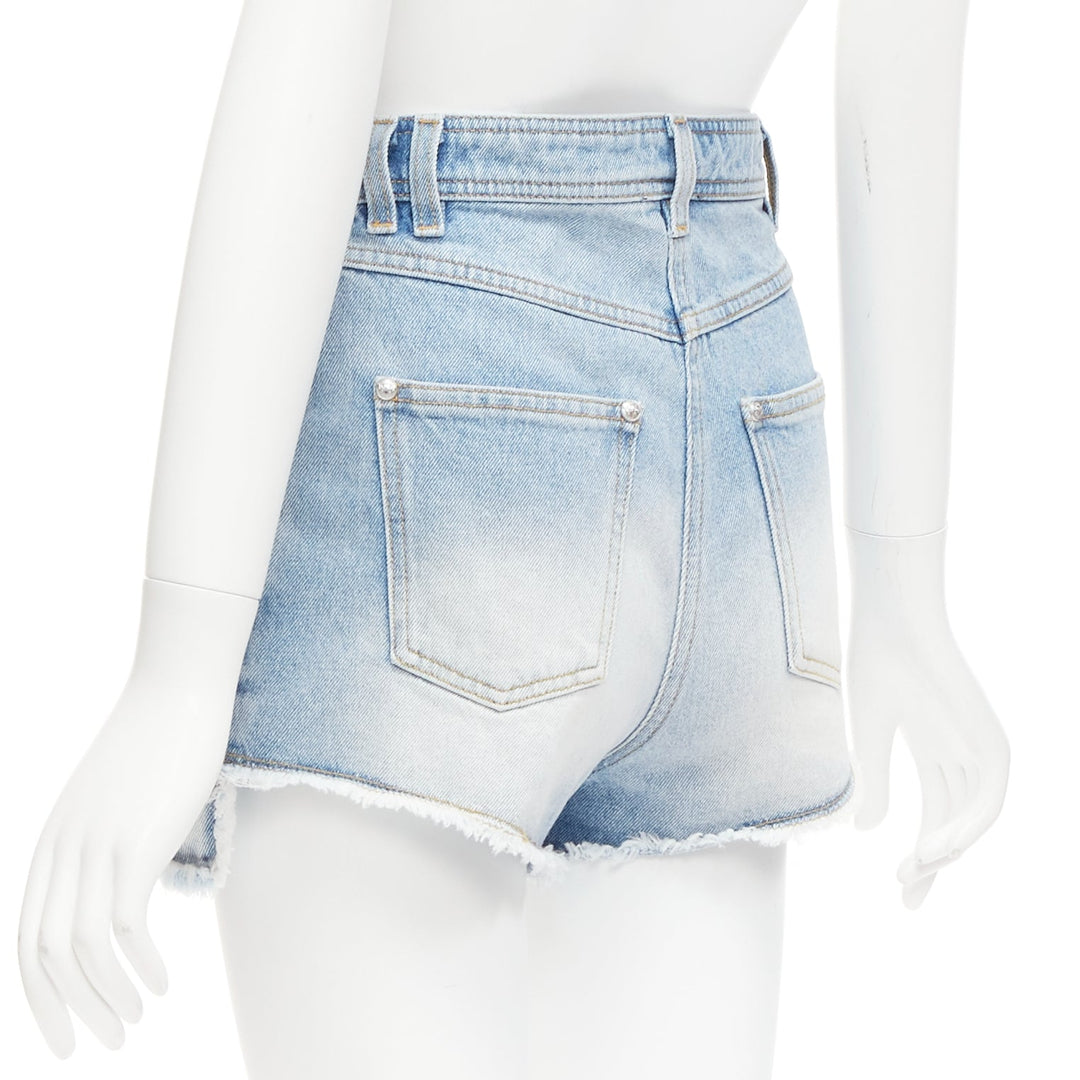BALMAIN blue washed cotton denim panel pockets cut cutaway cargo shorts FR36 S