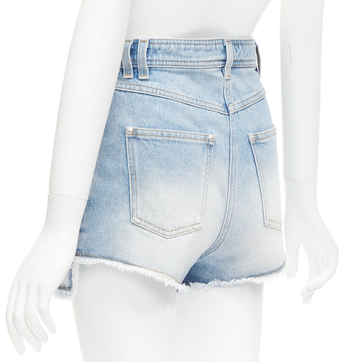 BALMAIN blue washed cotton denim panel pockets cut cutaway cargo shorts FR36 S