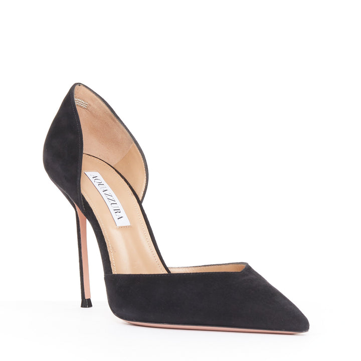 AQUAZZURA Uptown 105 black suede leather point toe dorsay pumps EU38