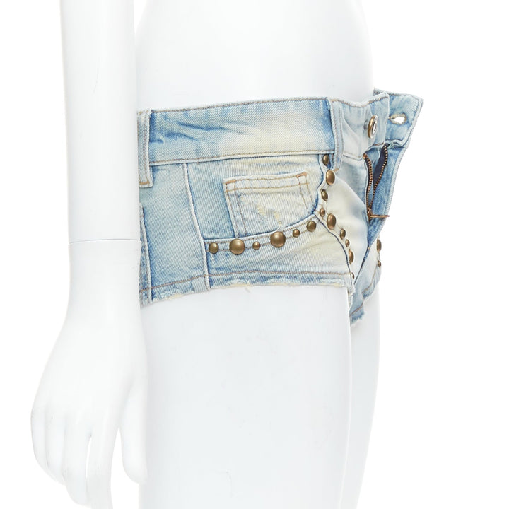 BLUMARINE 2024 blue washed bronze studded high cut micro shorts IT38 XS