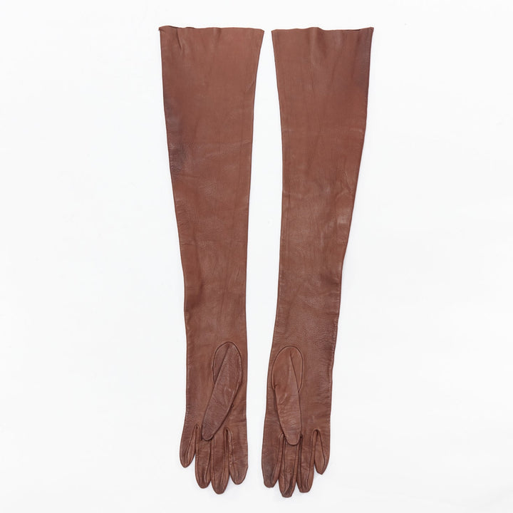 rare GUCCI Tom Ford Runway Vintage brown gold studs leather opera gloves Sz7.5