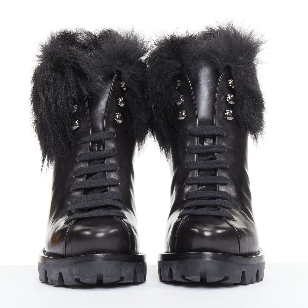 PRADA 2011 Calzature Donna black leather fur trim half wedged ankle boots EU