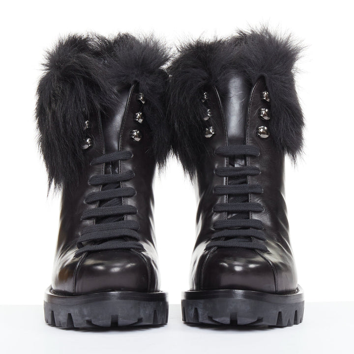 PRADA 2011 Calzature Donna black leather fur trim half wedged ankle boots EU