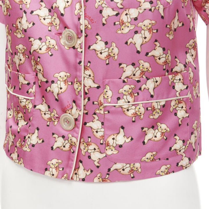 GUCCI CNY 2019 100% silk pink piggy print cropped pajama shirt IT36 XS rare