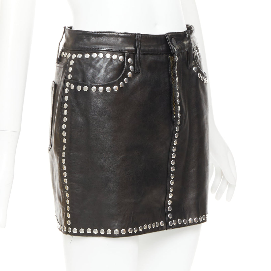 FRAME black lambskin leather silver studded high waist mini skirt 25"