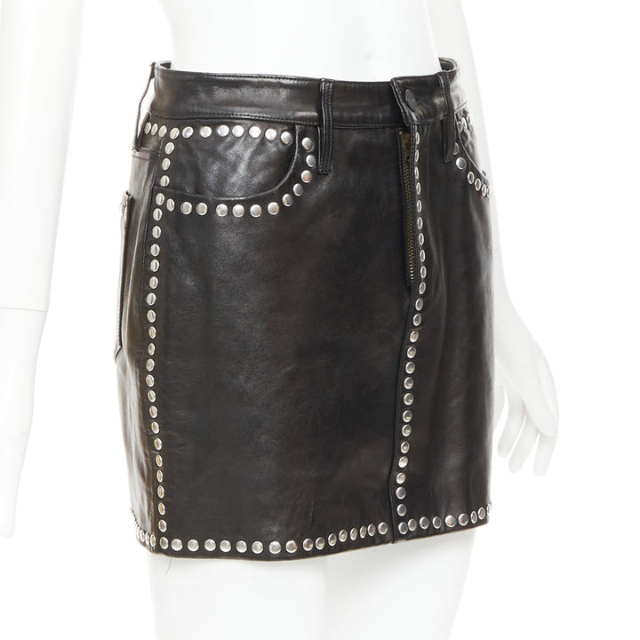 FRAME black lambskin leather silver studded high waist mini skirt 25"