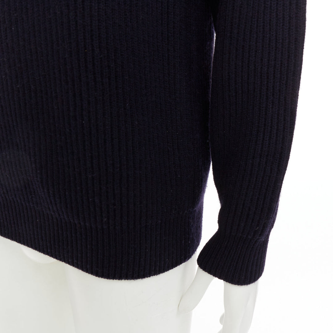 BRIONI 100% cashmere navy leather trim side button sweater IT48 M