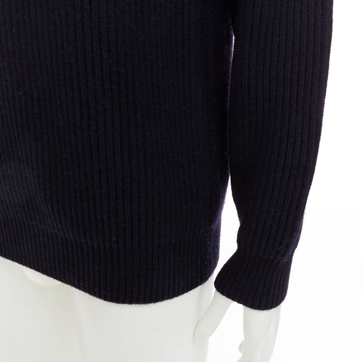 BRIONI 100% cashmere navy leather trim side button sweater IT48 M