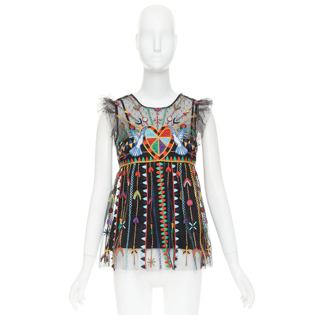 RED VALENTINO Love Celebration black bird heart embroidered babydoll top IT42 M