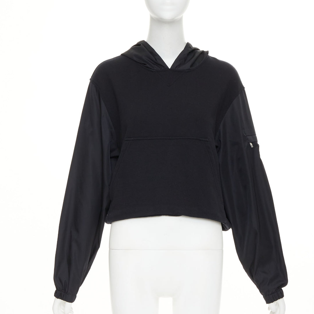 PRADA 2021 black Re-Nylon sleeve triangle logo cotton cropped hoodie M