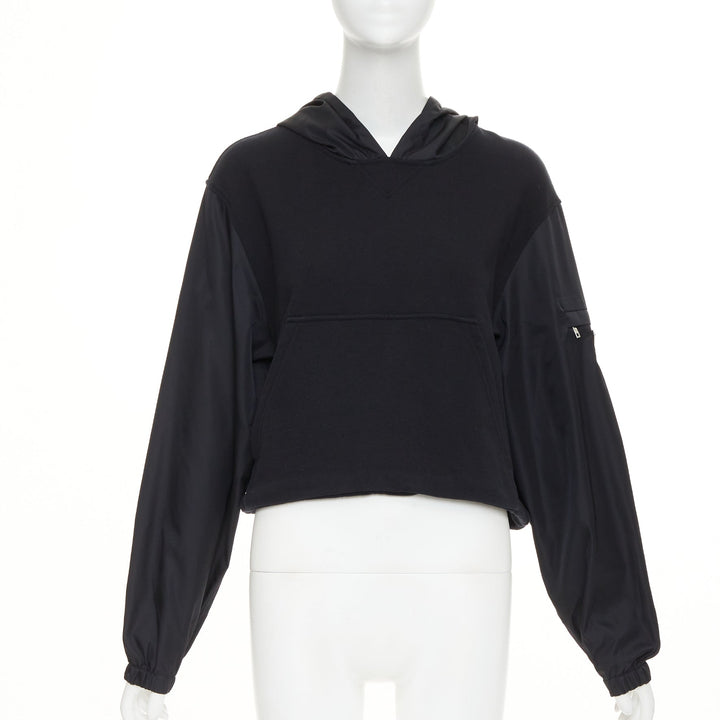 PRADA 2021 black Re-Nylon sleeve triangle logo cotton cropped hoodie M