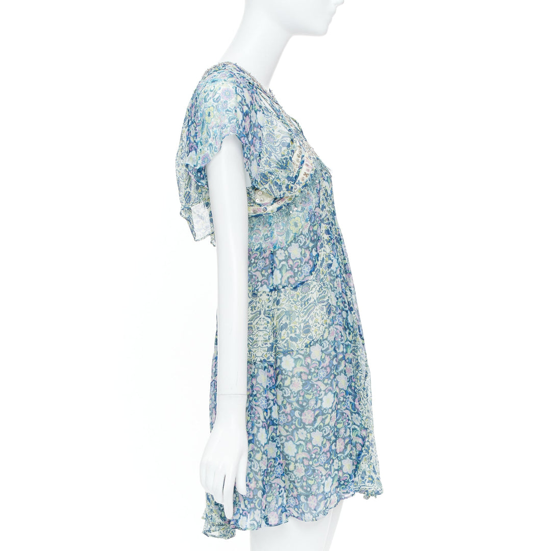 ISABEL MARANT 2023 Runway Odile cutout bead floral print silk dress FR36 S