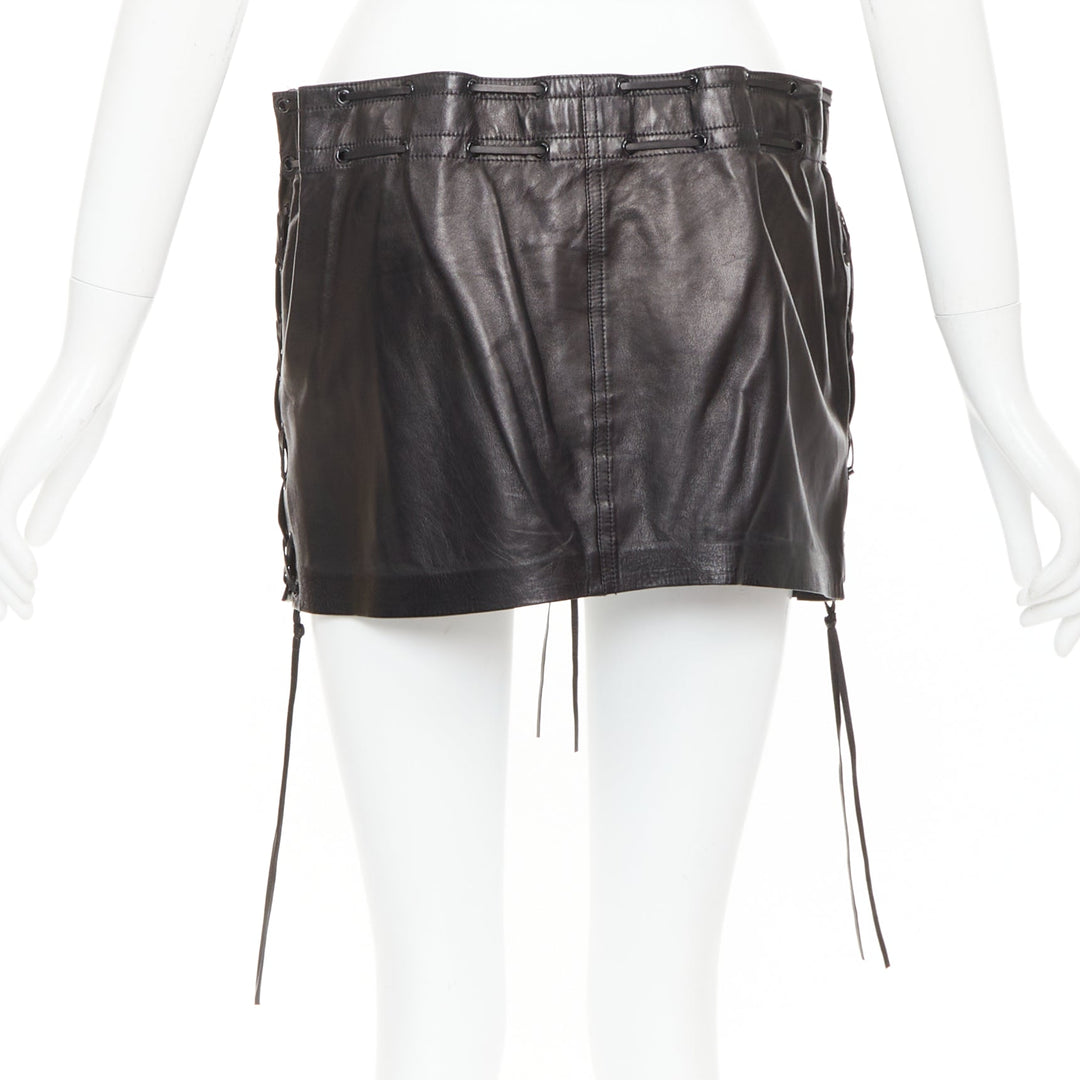 SAINT LAURENT 2018 black lambskin leather drawstring waist mini skirt FR36 S