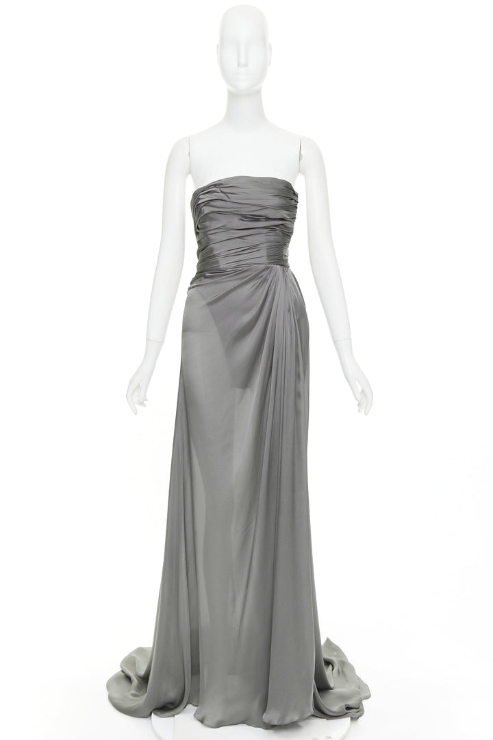 ALEXANDRE VAUTHIER COUTURE steel grey ruched draped strapless high slit gown