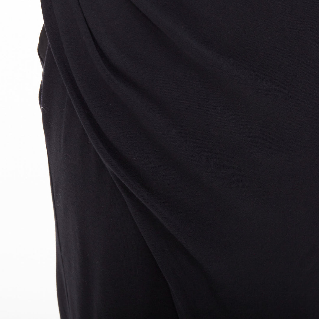 DONNA KARAN black jersey sheer mesh raglan drape plunge high low dress L