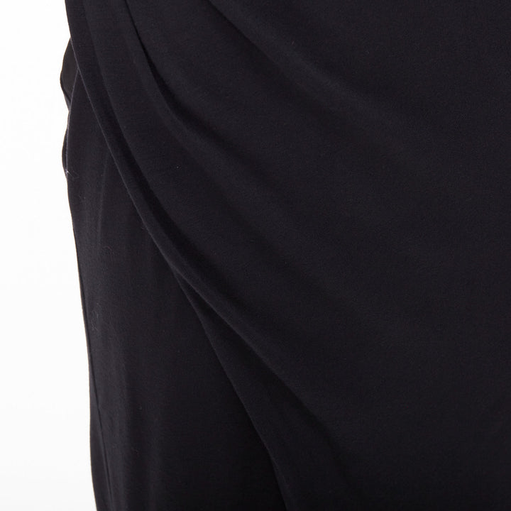 DONNA KARAN black jersey sheer mesh raglan drape plunge high low dress L