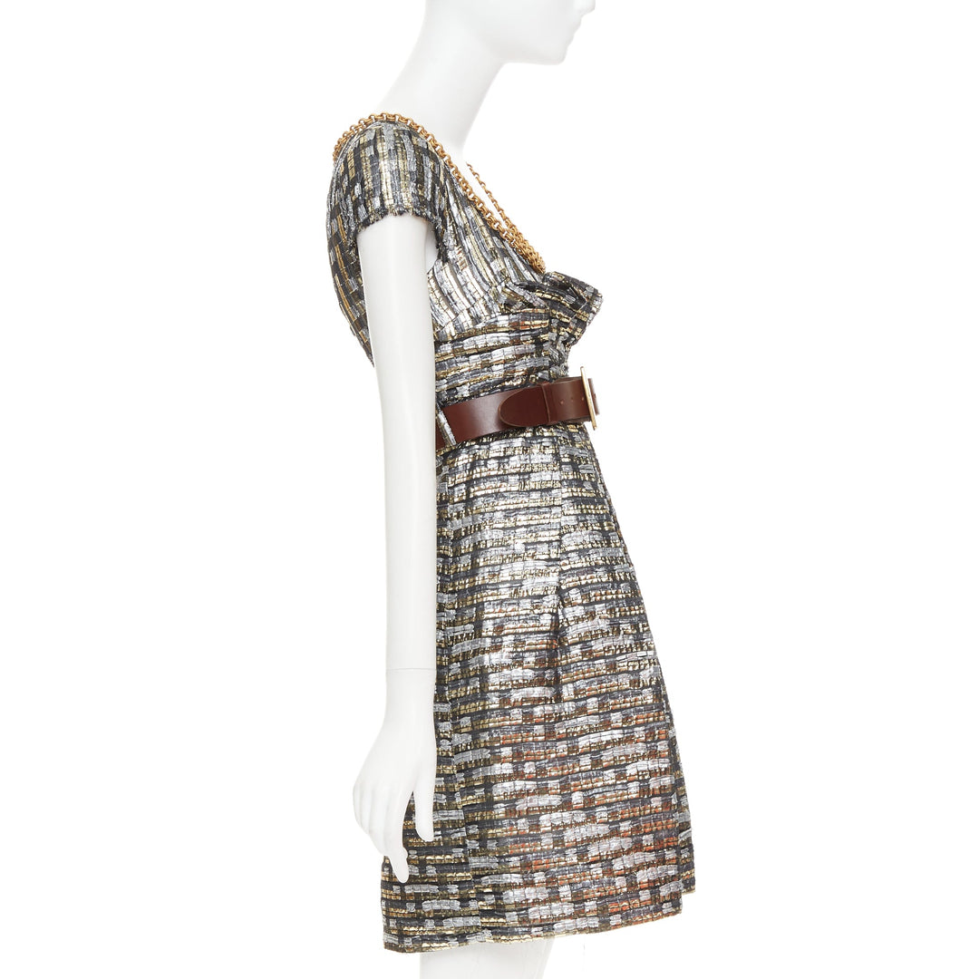 DOLCE GABBANA metallic gold silver check jacquard gold chain belt dress IT38 XS