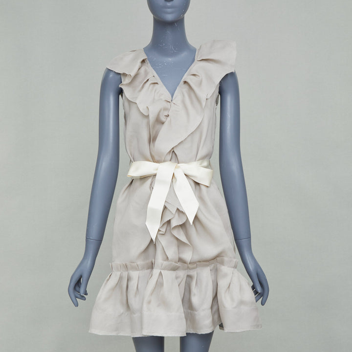 LANVIN 2008 light grey ruffle silk sleeveless bow belted mini dress FR34 XS