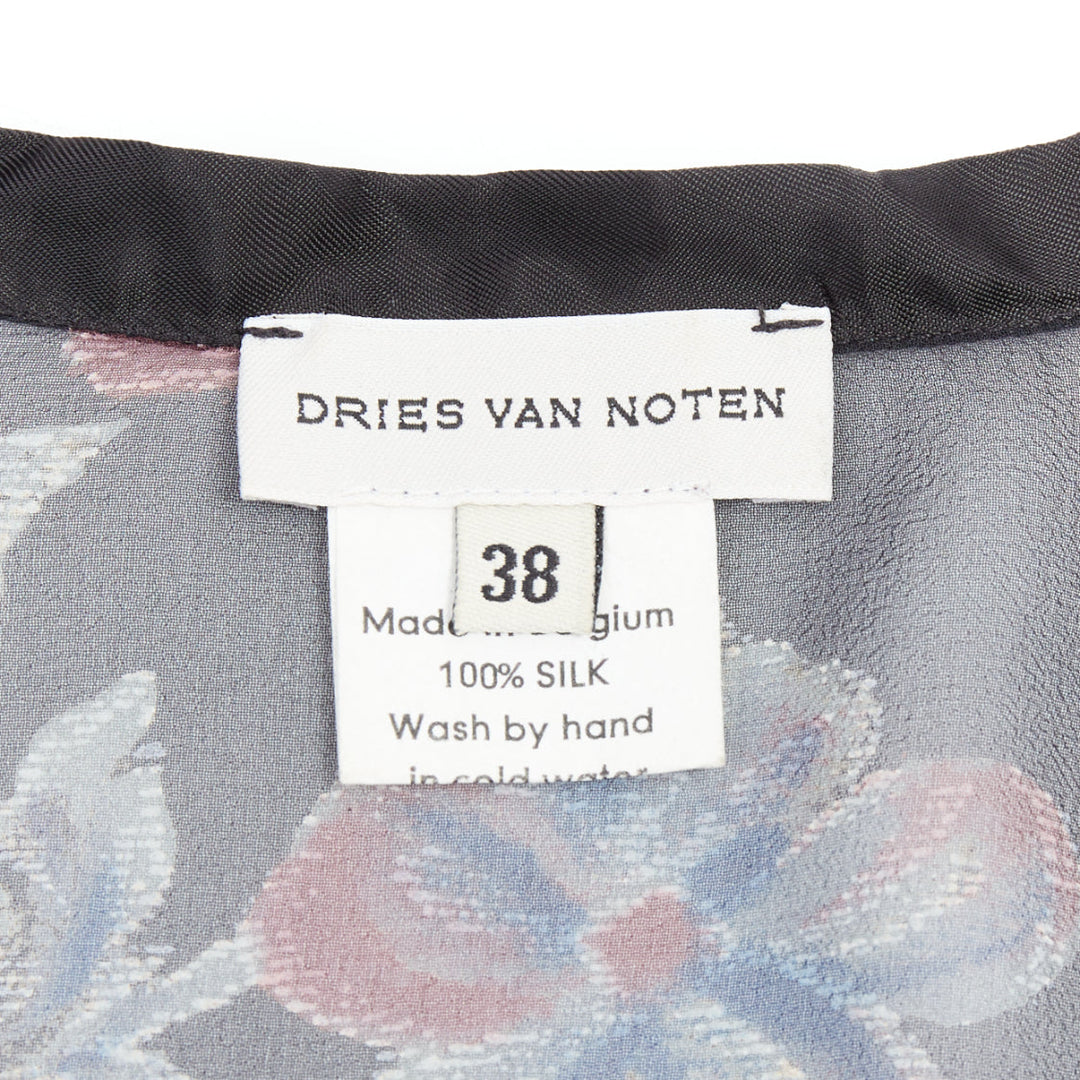 DRIES VAN NOTEN 1990s Vintage 100% silk floral sheer sleeve hi low blouse FR38 M