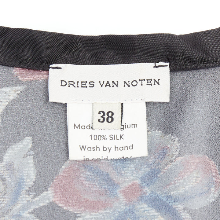 DRIES VAN NOTEN 1990s Vintage 100% silk floral sheer sleeve hi low blouse FR38 M