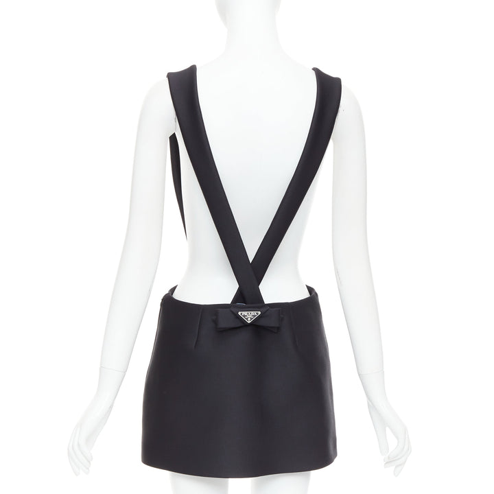 PRADA 2023 black virgin wool blend logo bow back suspender mini skirt IT40 S
