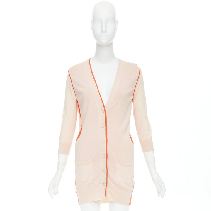 FENDI light pink orange 100% wool trimmed long cardigan IT40 S