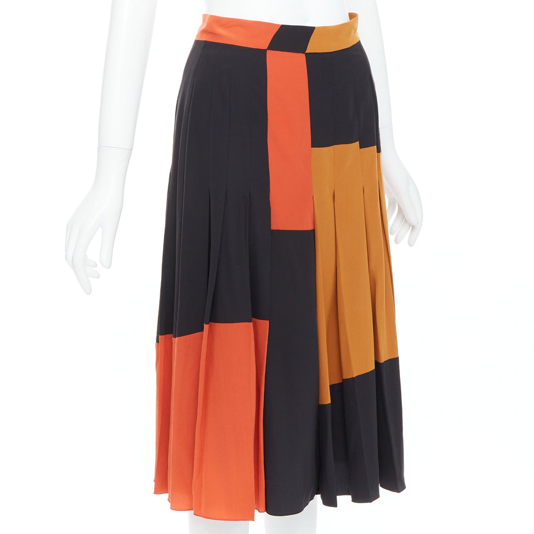 BOTTEGA VENETA 100% silk  black orange brown colorblock pleated skirt IT36 XXS