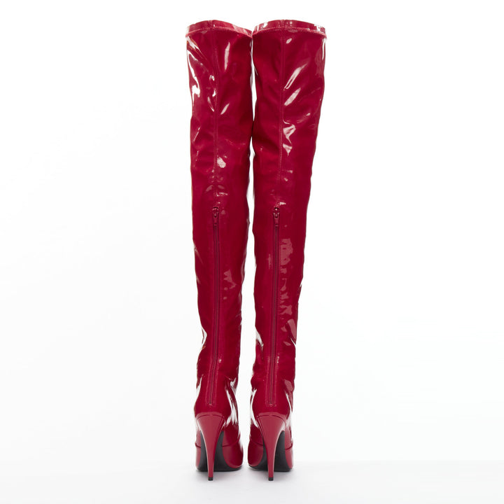 SAINT LAURENT Aylah 110 Runway lava red vinyl thigh high boots EU37