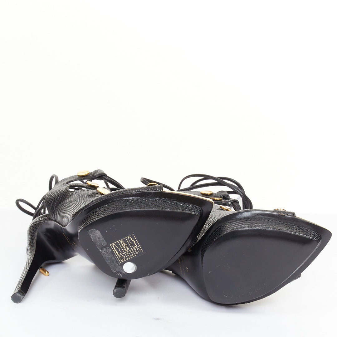 TOM FORD 2012 Runway black lizard effect gold stud lace up platform sandals EU35