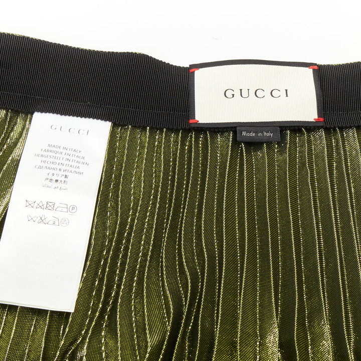 GUCCI 2016 Runway green metallic lame plisse silk blend pleated skirt IT36 XXS
