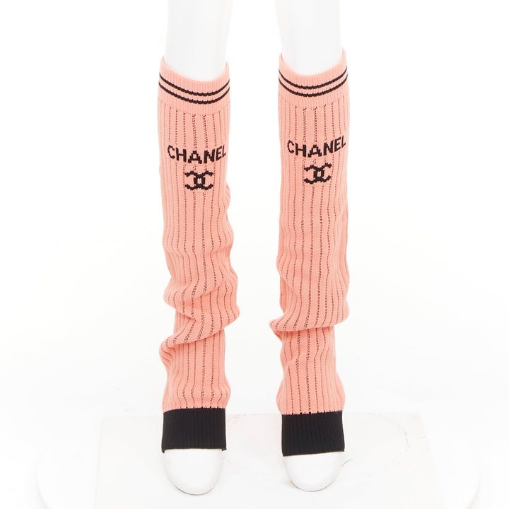 CHANEL 24C Runway CC logo pink black ribbed knit striped trim leg warmers OS