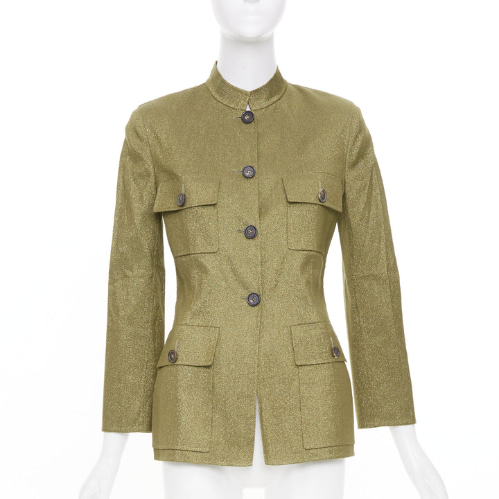 CELINE Vintage Finition Main gold metallic wool military safari jacket FR36 S