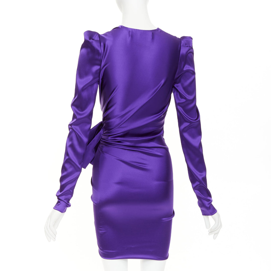 ALEXANDRE VAUTHIER crystal buckle draped purple silk satin mini dress FR34 XS