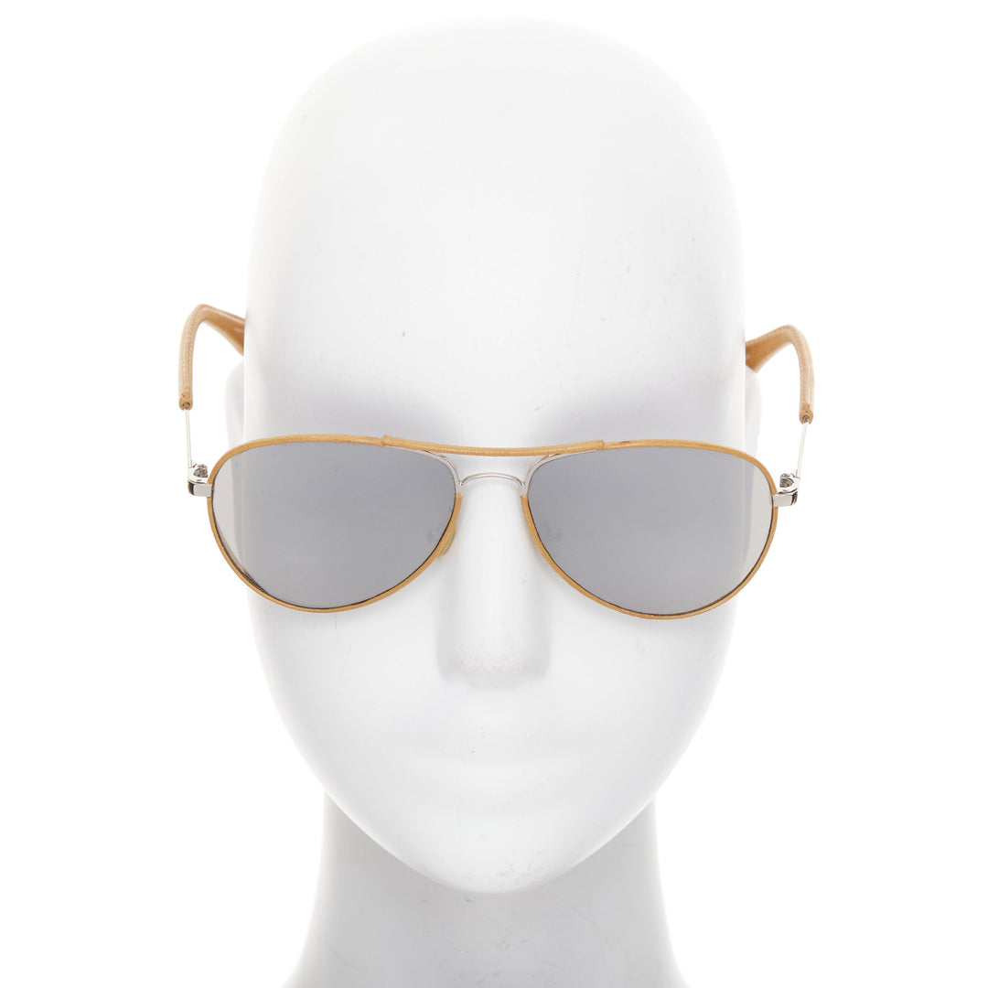 LINDA FARROW Veronique Branquinho tan leather trim aviators pilot sunglasses