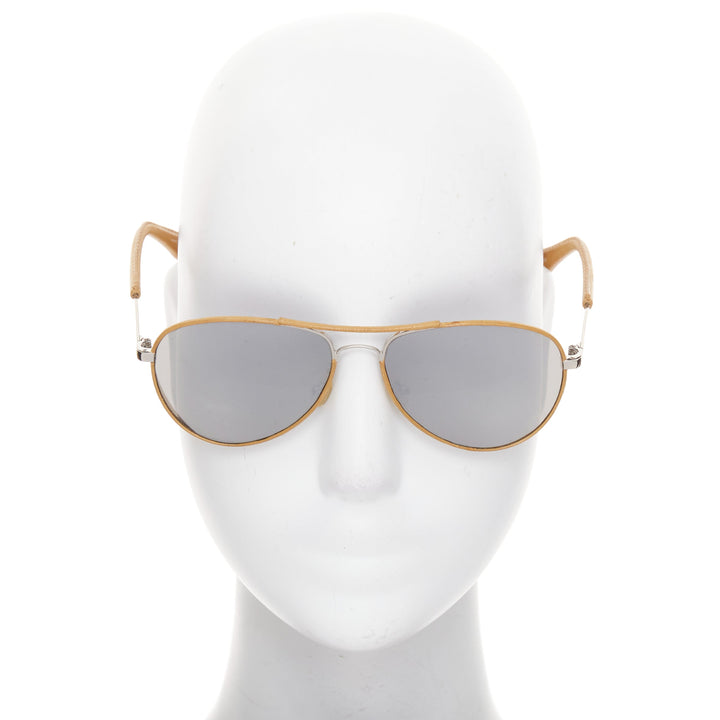 LINDA FARROW Veronique Branquinho tan leather trim aviators pilot sunglasses