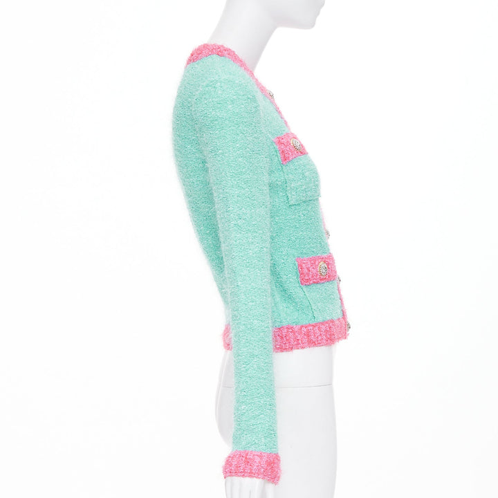 BALMAIN 2024 green pink boucle lurex buttoned knit cardigan FR34 XS