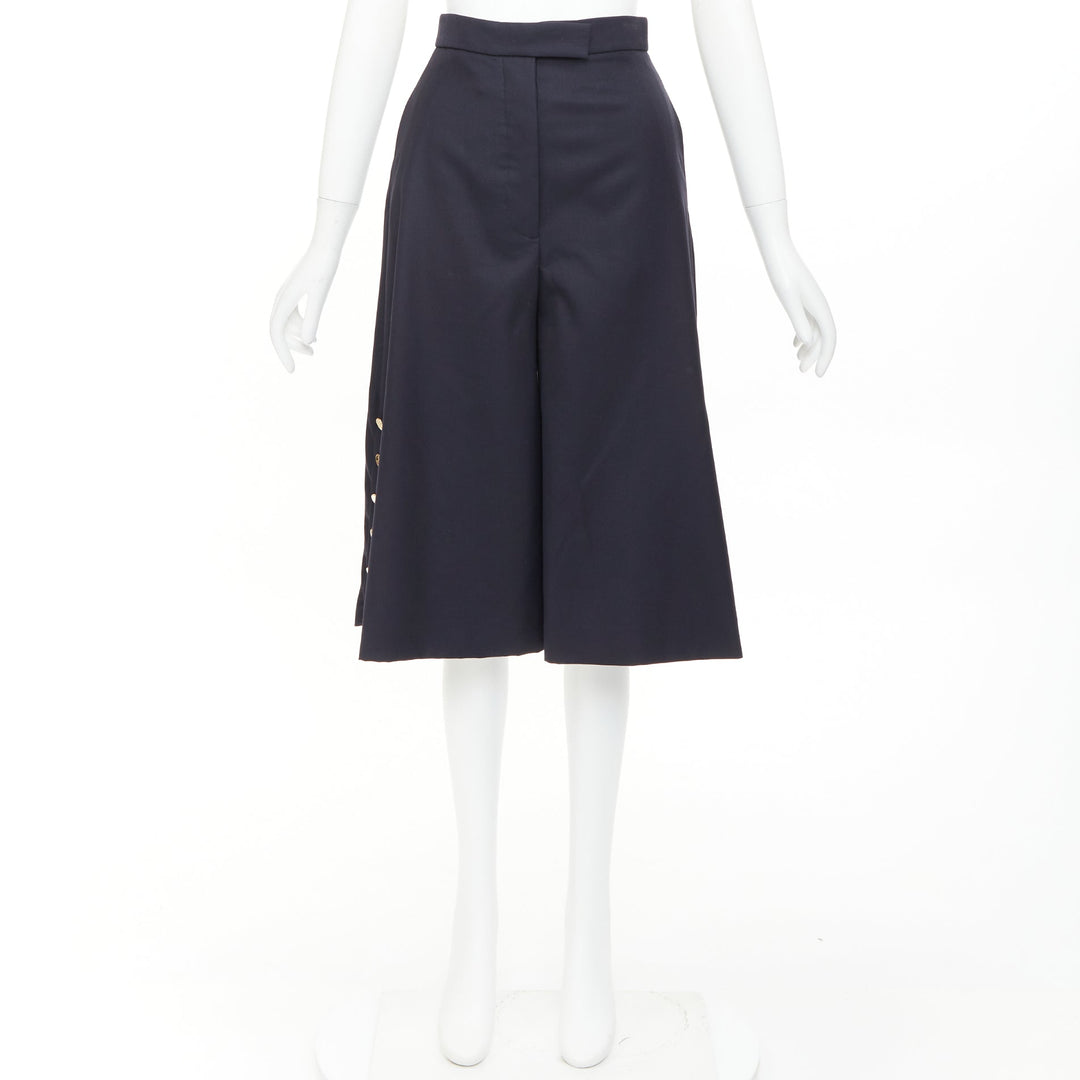 THOM BROWNE navy wool side button sailor striped lining culottes shorts IT36 XXS