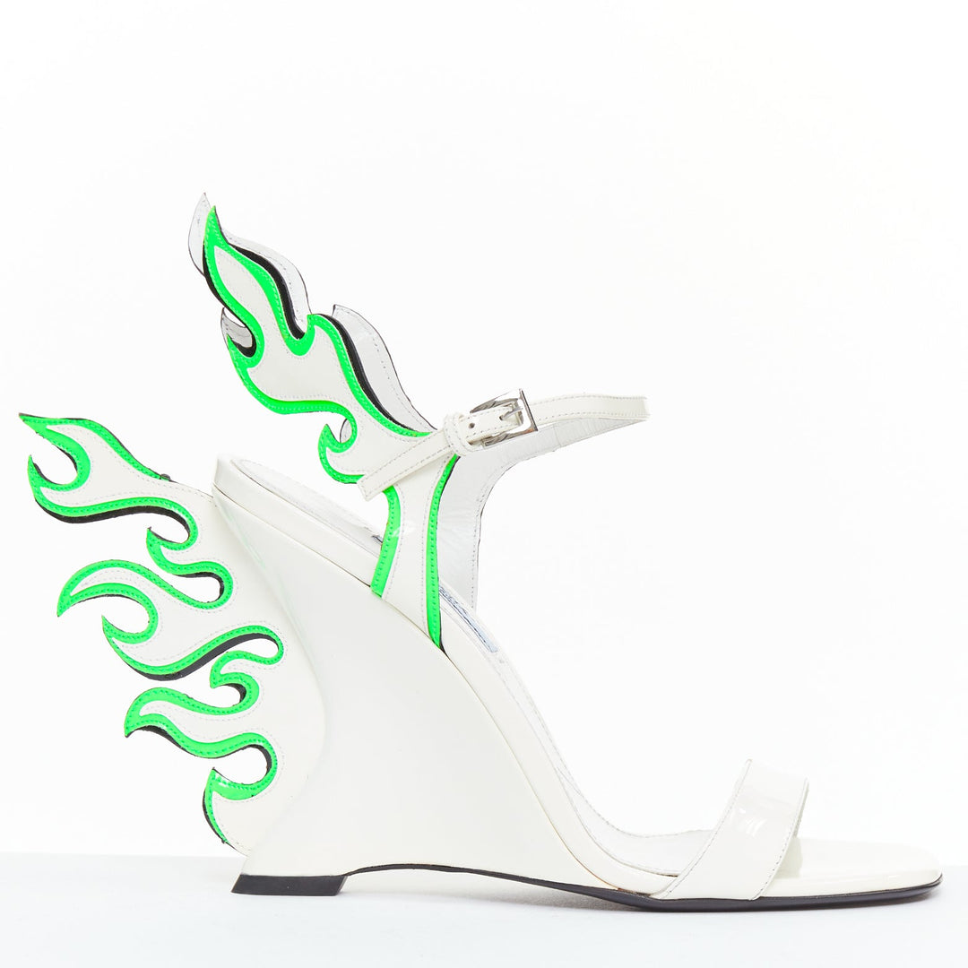rare PRADA 2018 Flame Wedge white neon green patent Fire heel sandal EU37