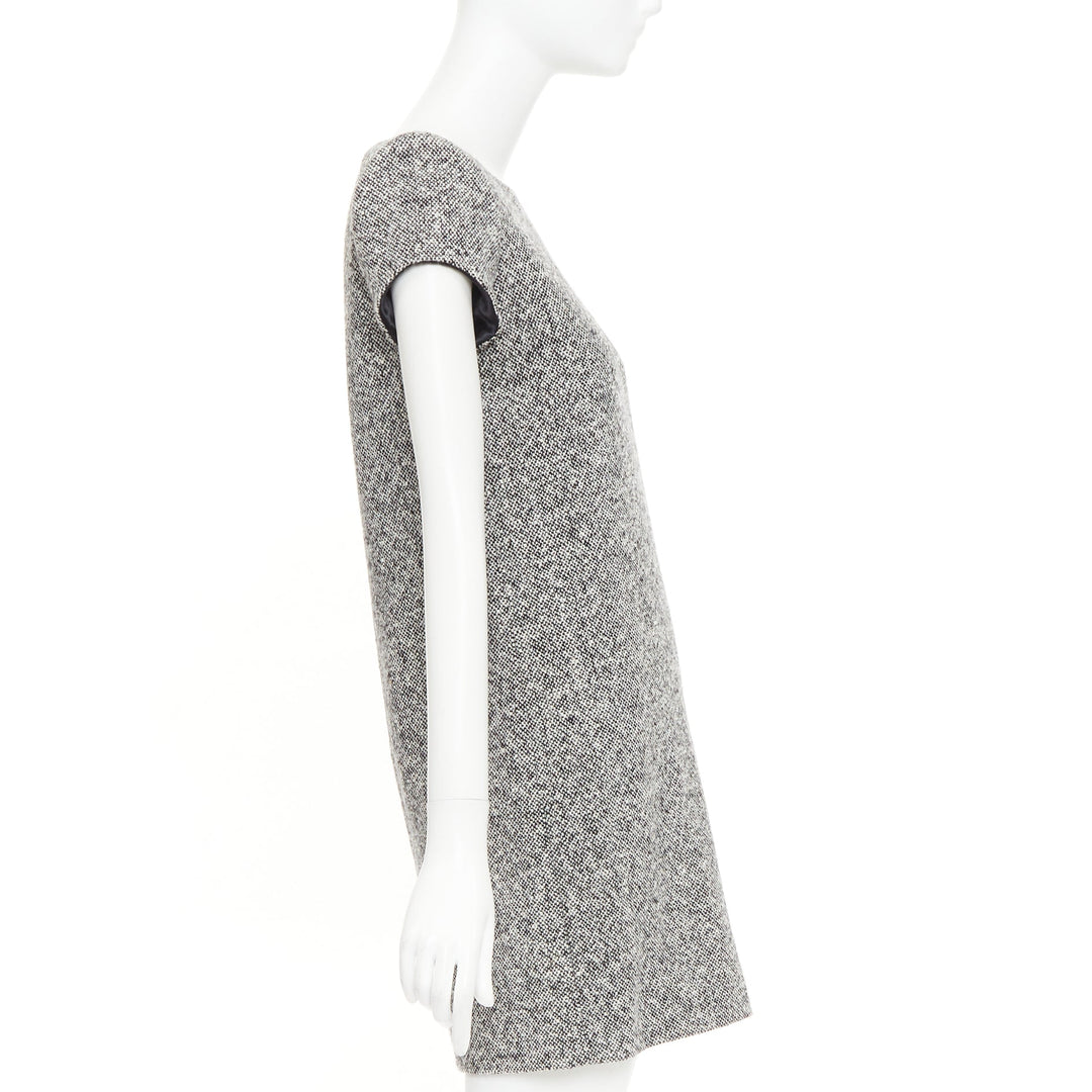 SAINT LAURENT 2013 grey boucle wool tweed silk padded shoulder dress FR36 S