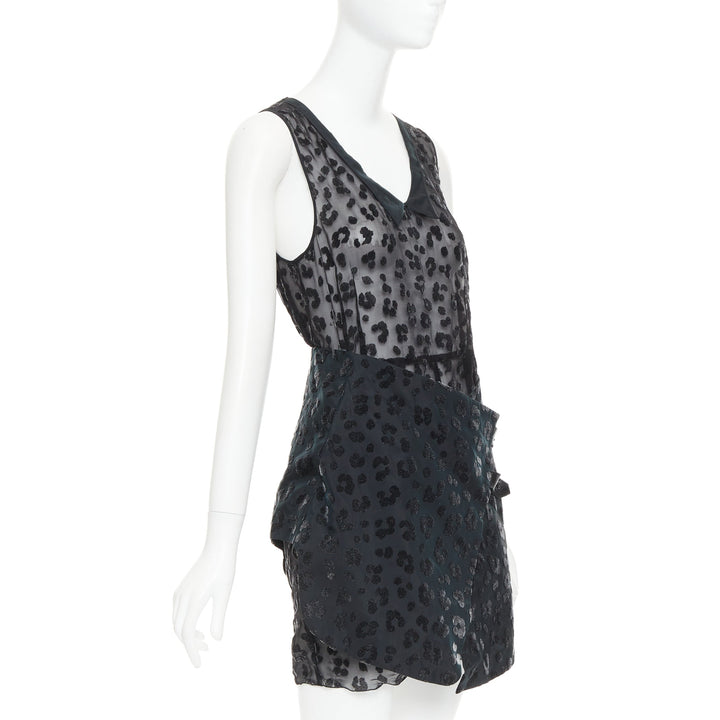 TOGA ARCHIVES black viscose silk sheer leopard flocking cow belted dress JP1 S
