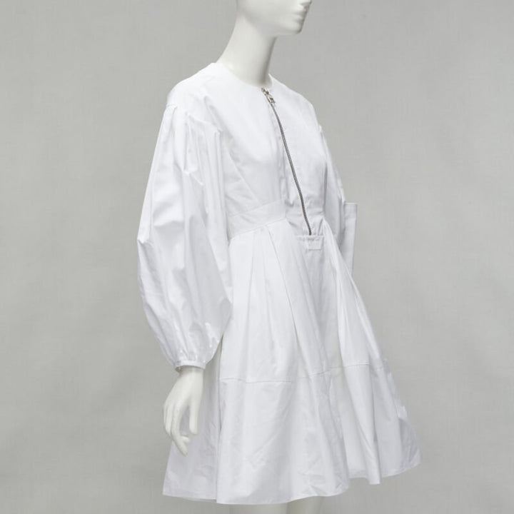 ALEXANDER MCQUEEN white cotton silver zip front puff sleeve flared dress IT36 XS