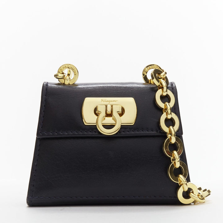 SALVATORE FERRAGAMO Vintage Gancini black gold chain mini waist belt bag