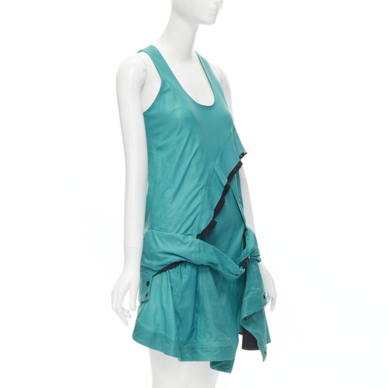 PROENZA SCHOULER teal blue leather ruffle trimmed sportif dress US2 S