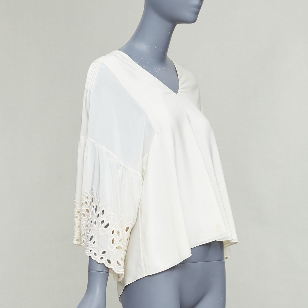 CHLOE milk cream 100% silk cotton lace eyelet trim peasant blouse FR34 XS