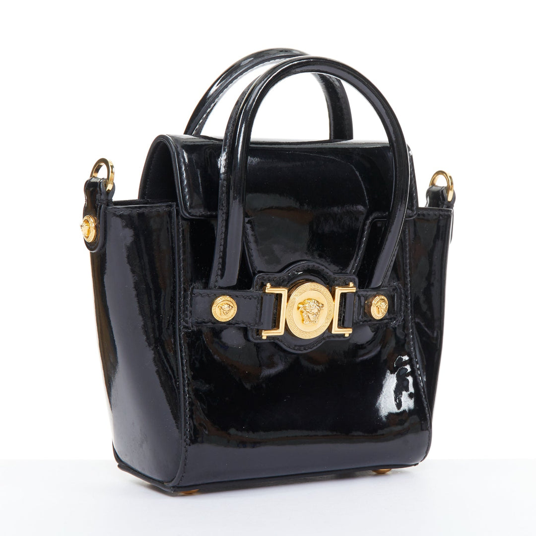 VERSACE black patent leather Signature Medusa lock mini satchel bag