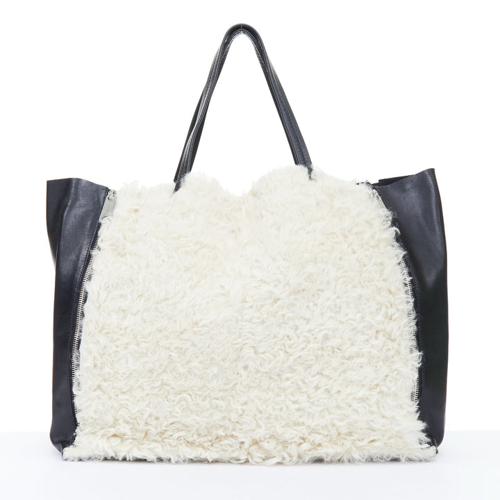 CELINE 2011 Vertical Gusset Cabas cream shearling black leather zip tote bag