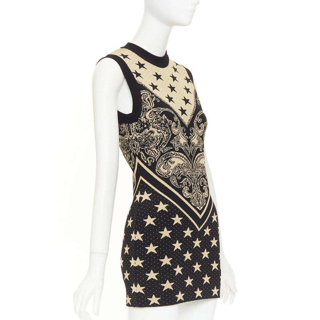 BALMAIN 2023 Ivoire Noir Star Baroque Paisley print intarsia knit dress FR36 S